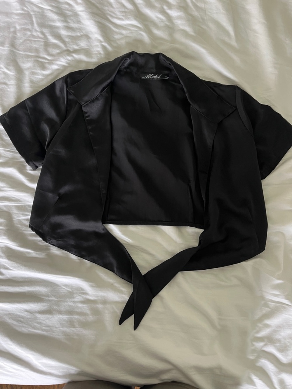 Motel Rocks Black Satin Tie-Front Crop Blouse